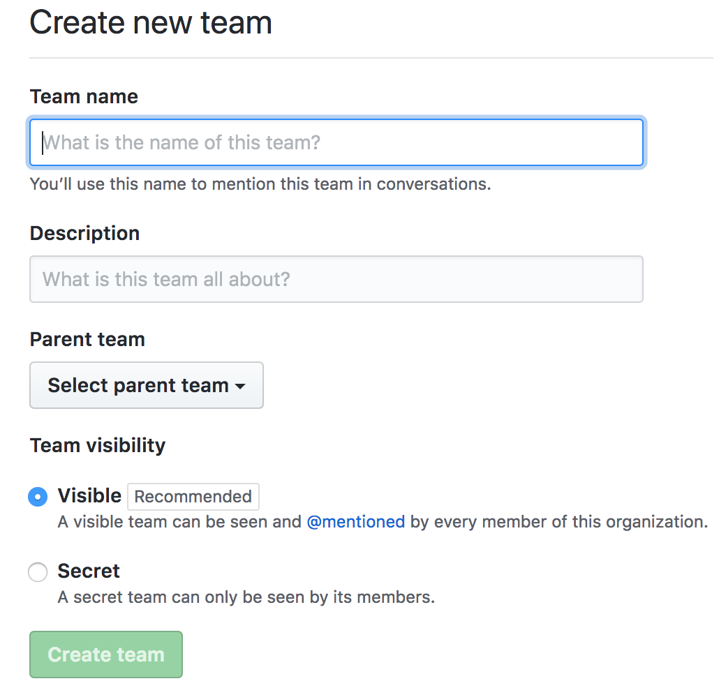 Formulario de creación de un equipo en GitHub.